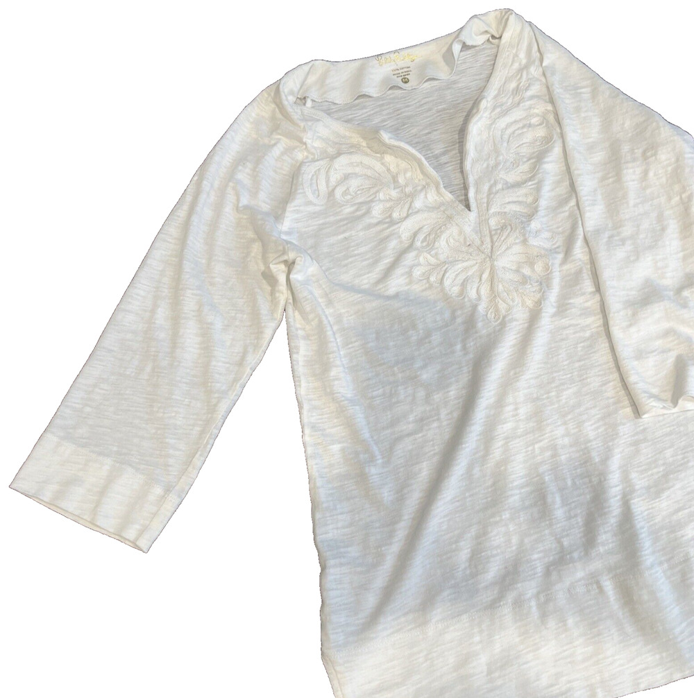 Lilly Pulitzer Swim Top Embroidered White 100% cotton 3/4 Sleeves Coastal SZ M